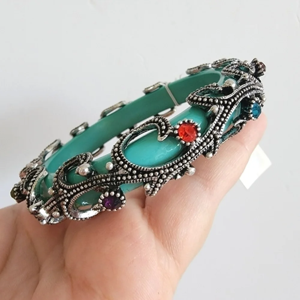 NTW Turquoise Antique Metal Crystal Beaded Floral Tube Bangle Bracelet‎